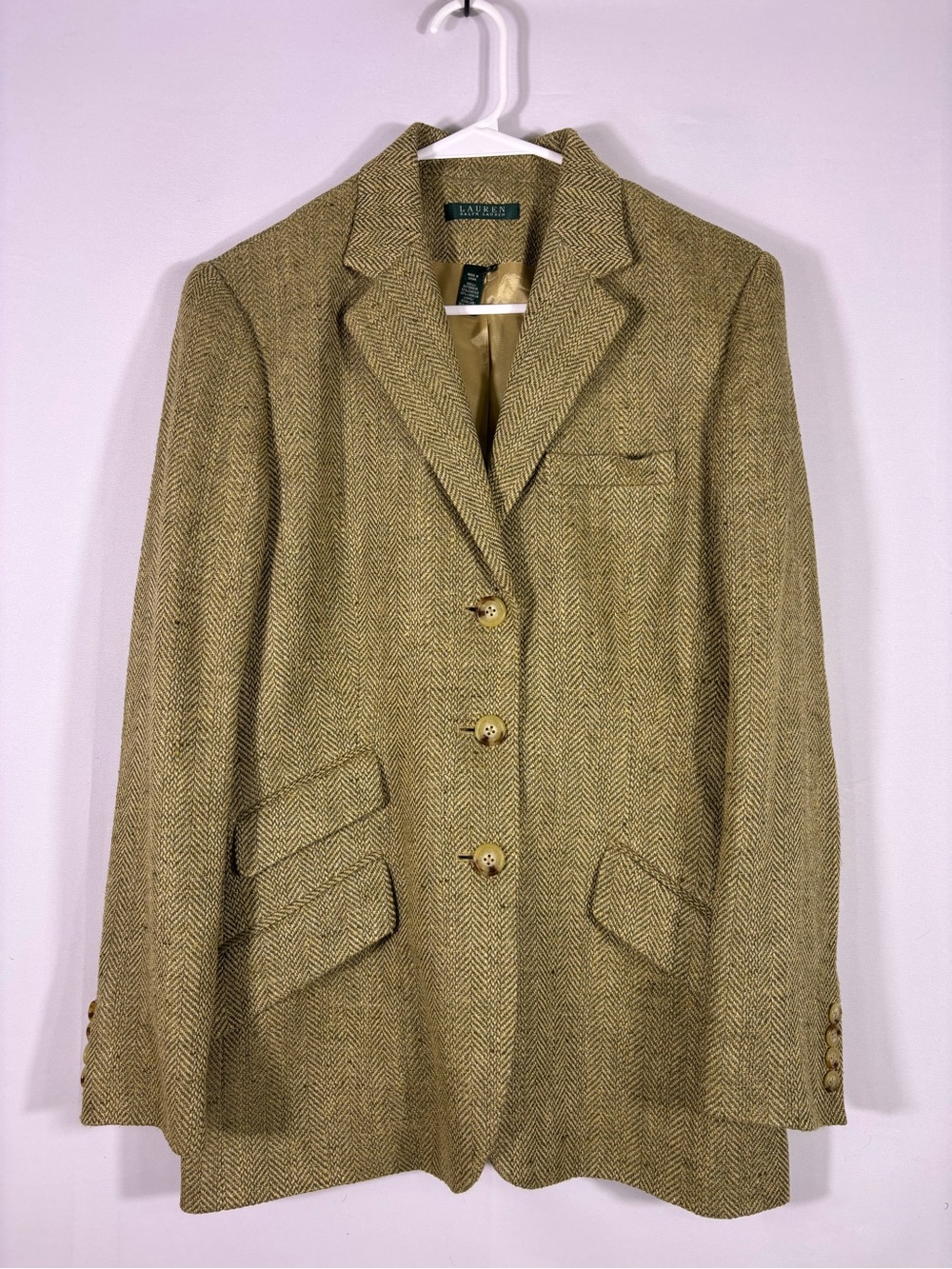 Lauren Ralph Lauren Silk Linen Herringbone Blazer Tan Brown Equestrian Size 12